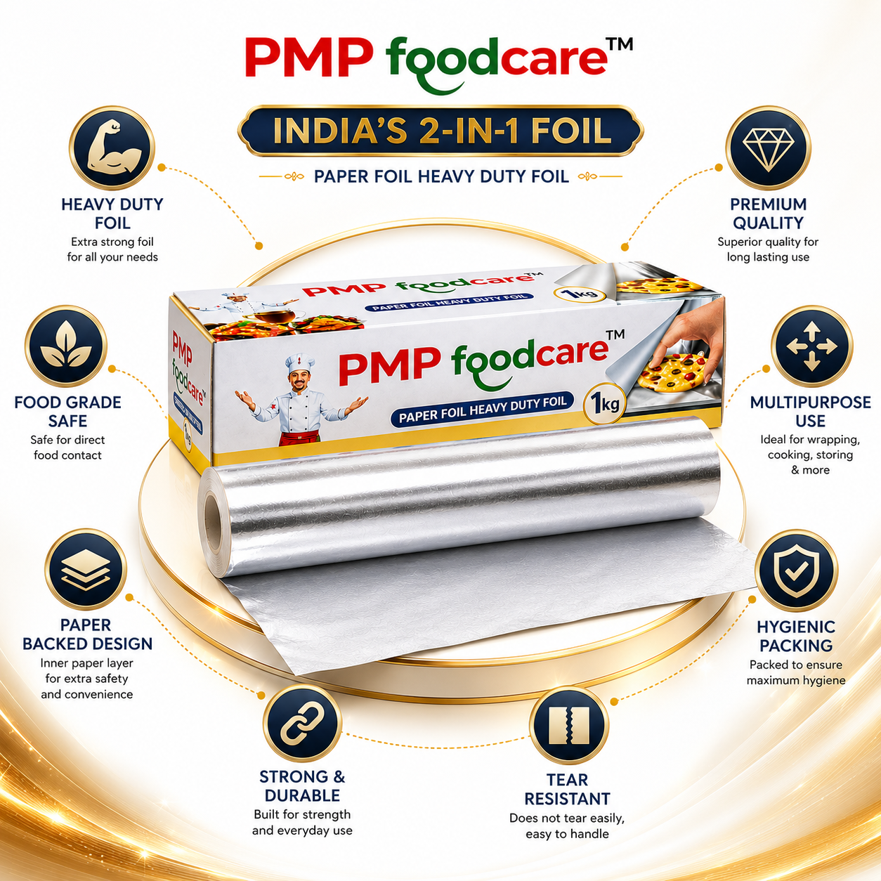 PMP FOODCARE 2-in-1 Paper Foil Heavy Duty for Kitchen (1kg) - Premium Food Grade Aluminium Wrapping Foil Roll with Strong Paper Backing for Baking, Grilling, & Food Storage - Image 4