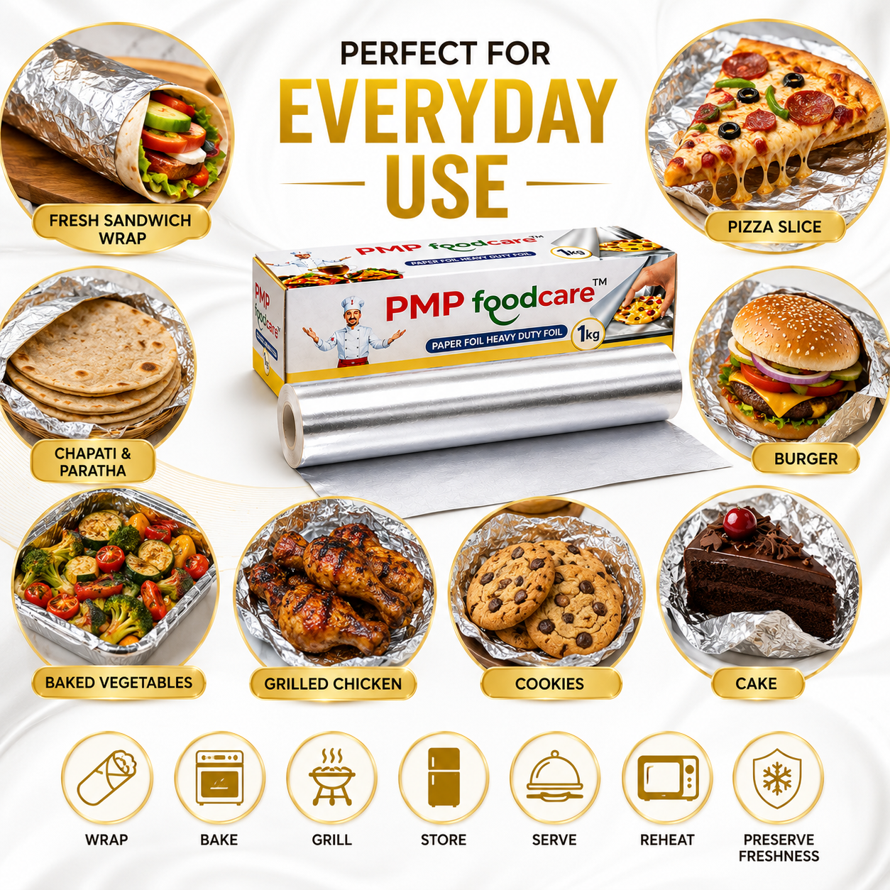 PMP FOODCARE 2-in-1 Paper Foil Heavy Duty for Kitchen (1kg) - Premium Food Grade Aluminium Wrapping Foil Roll with Strong Paper Backing for Baking, Grilling, & Food Storage - Image 5