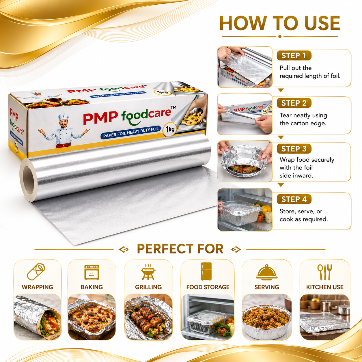 PMP FOODCARE 2-in-1 Paper Foil Heavy Duty for Kitchen (1kg) - Premium Food Grade Aluminium Wrapping Foil Roll with Strong Paper Backing for Baking, Grilling, & Food Storage - Image 6