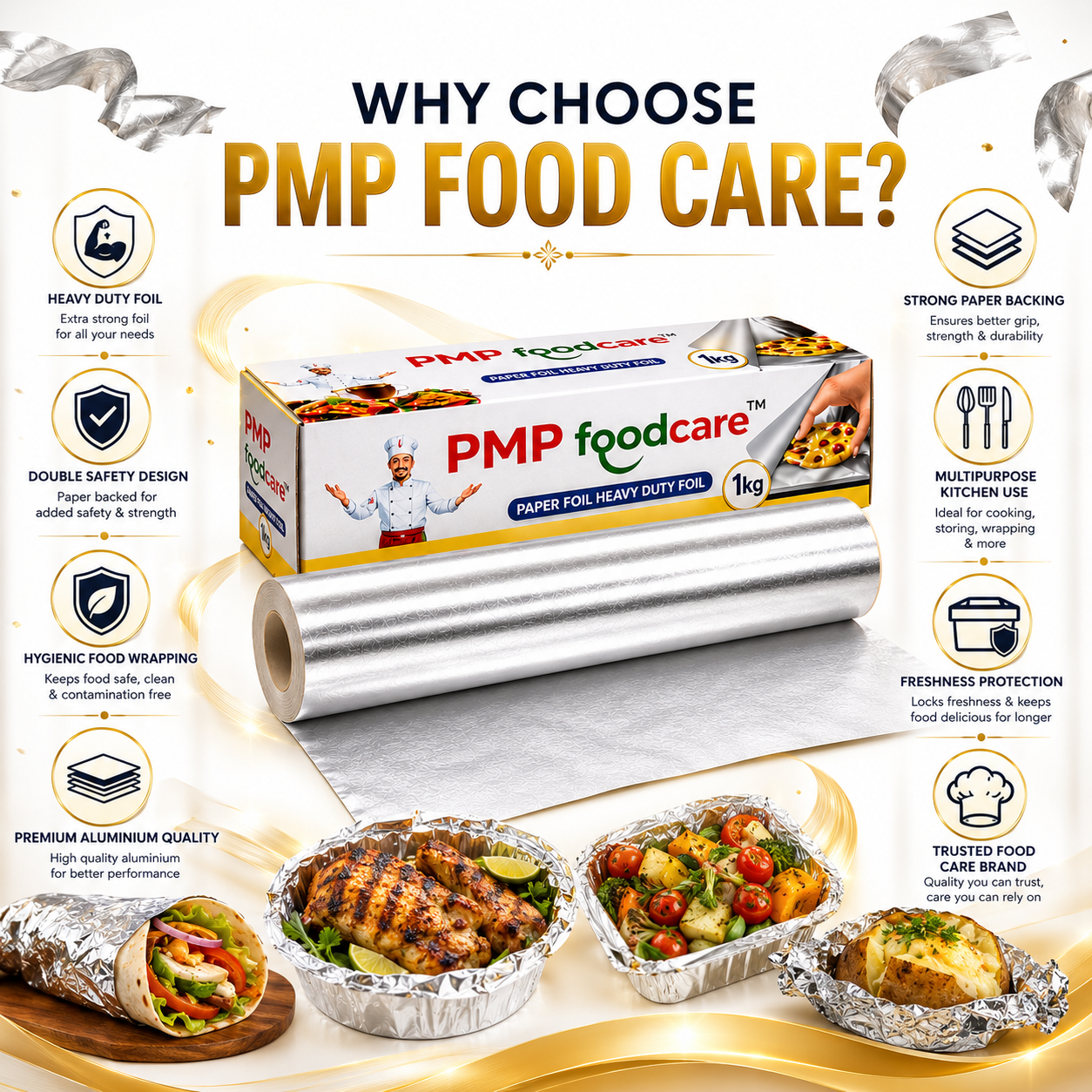 PMP FOODCARE 2-in-1 Paper Foil Heavy Duty for Kitchen (1kg) - Premium Food Grade Aluminium Wrapping Foil Roll with Strong Paper Backing for Baking, Grilling, & Food Storage - Image 7