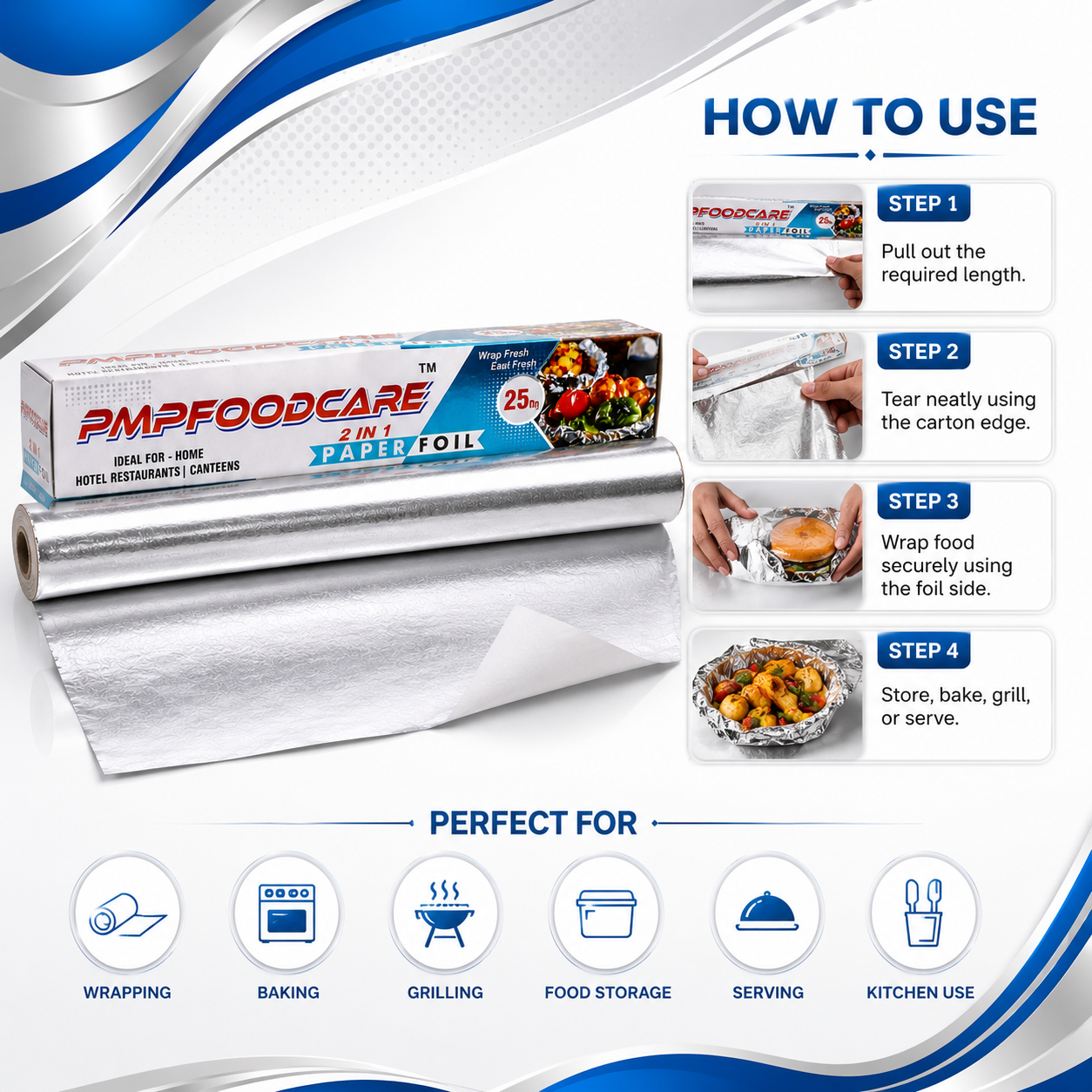 PMP FOODCARE 2 in 1 Butter Paper + Aluminium Foil Roll 250g Kitchen Wrap Paper Foil - Image 6