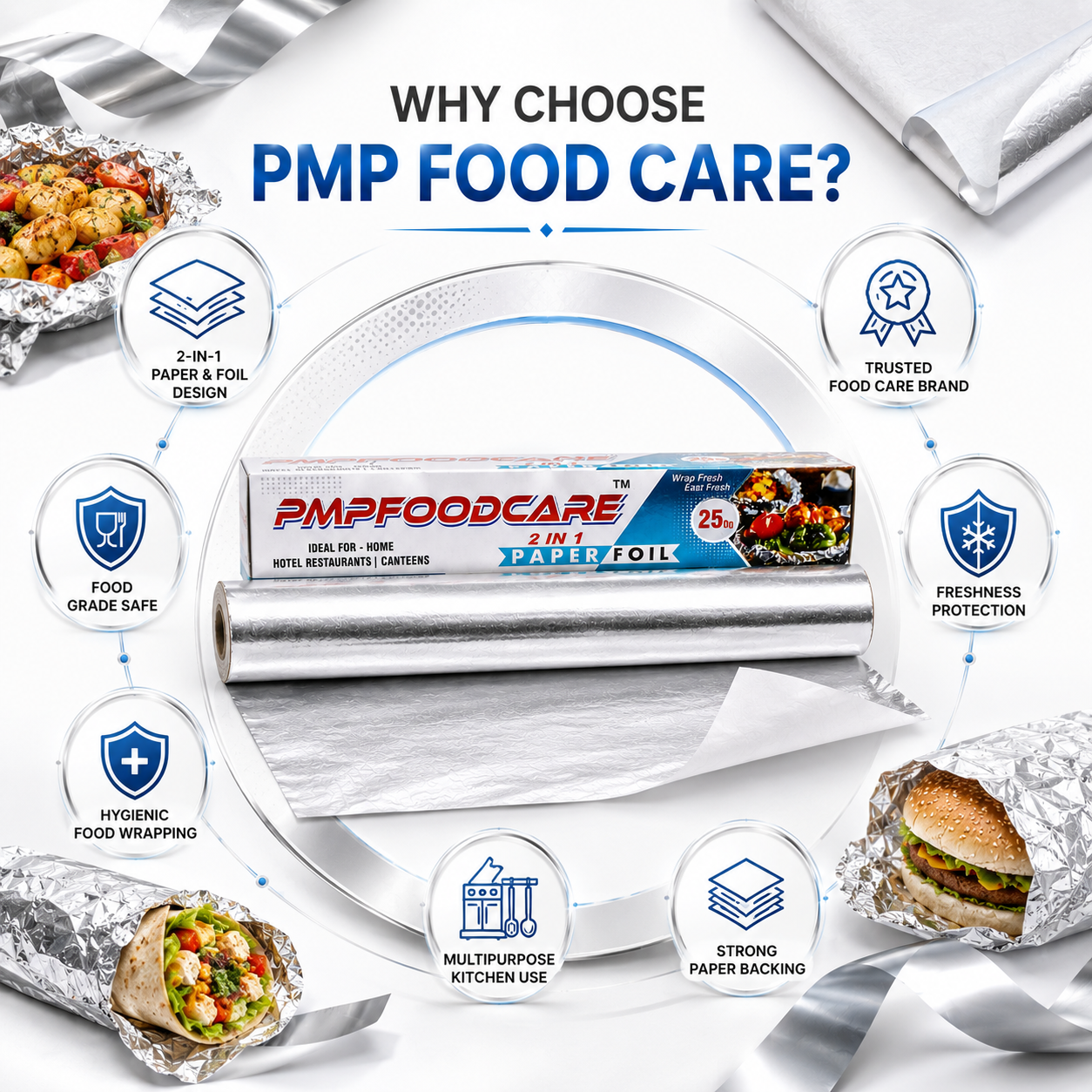 PMP FOODCARE 2 in 1 Butter Paper + Aluminium Foil Roll 250g Kitchen Wrap Paper Foil - Image 7