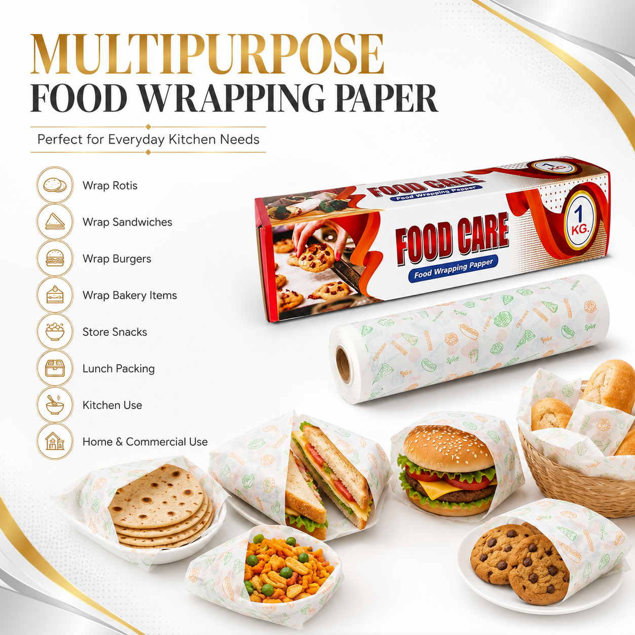 PMP FOODCARE Premium Food Wrapping Paper - 1 Kg Gross Pack - Multipurpose Food Grade Greaseproof Paper Roll for Wrapping Roti, Paratha, Sandwiches, Burgers, and Lunch Packing - Image 2
