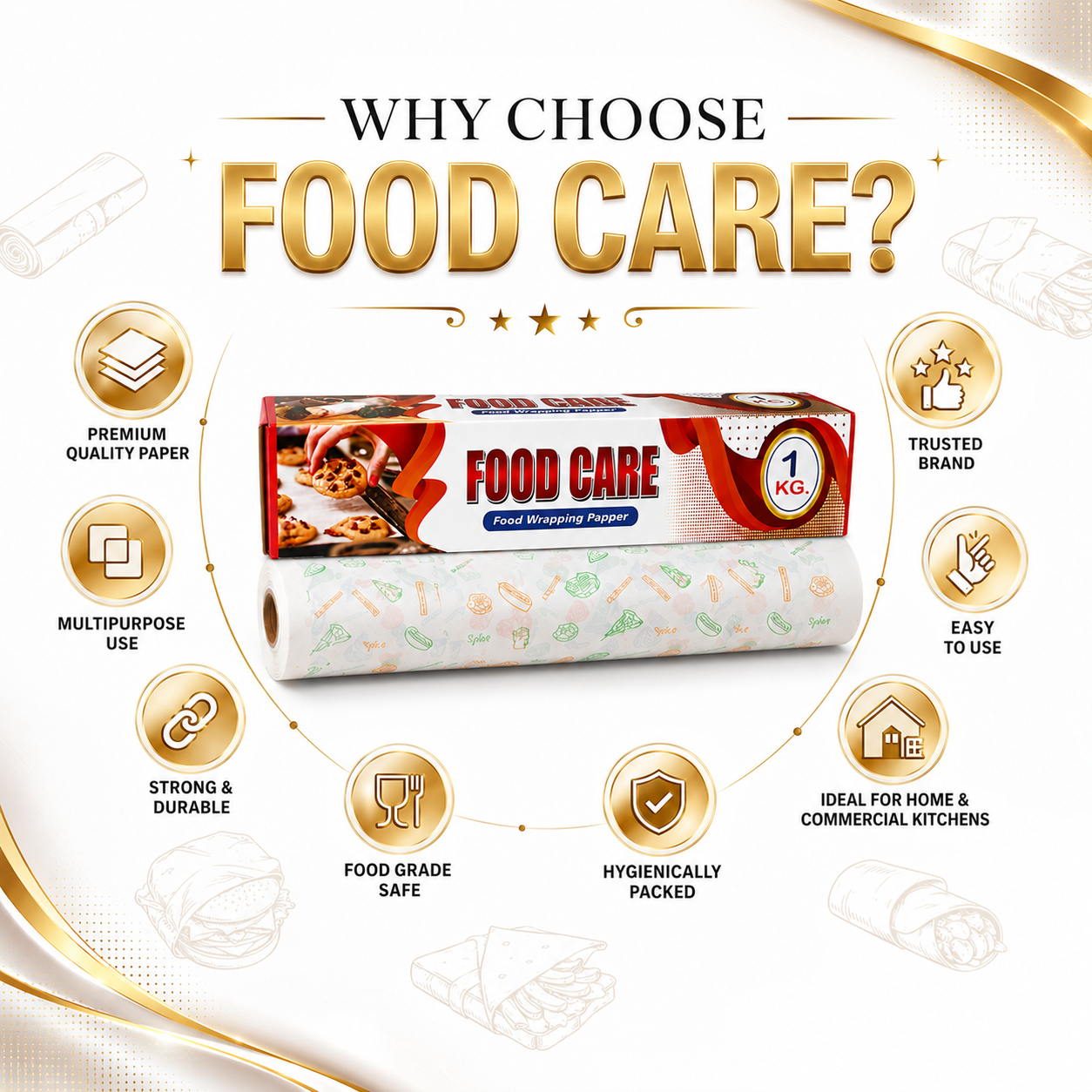 PMP FOODCARE Premium Food Wrapping Paper - 1 Kg Gross Pack - Multipurpose Food Grade Greaseproof Paper Roll for Wrapping Roti, Paratha, Sandwiches, Burgers, and Lunch Packing - Image 5