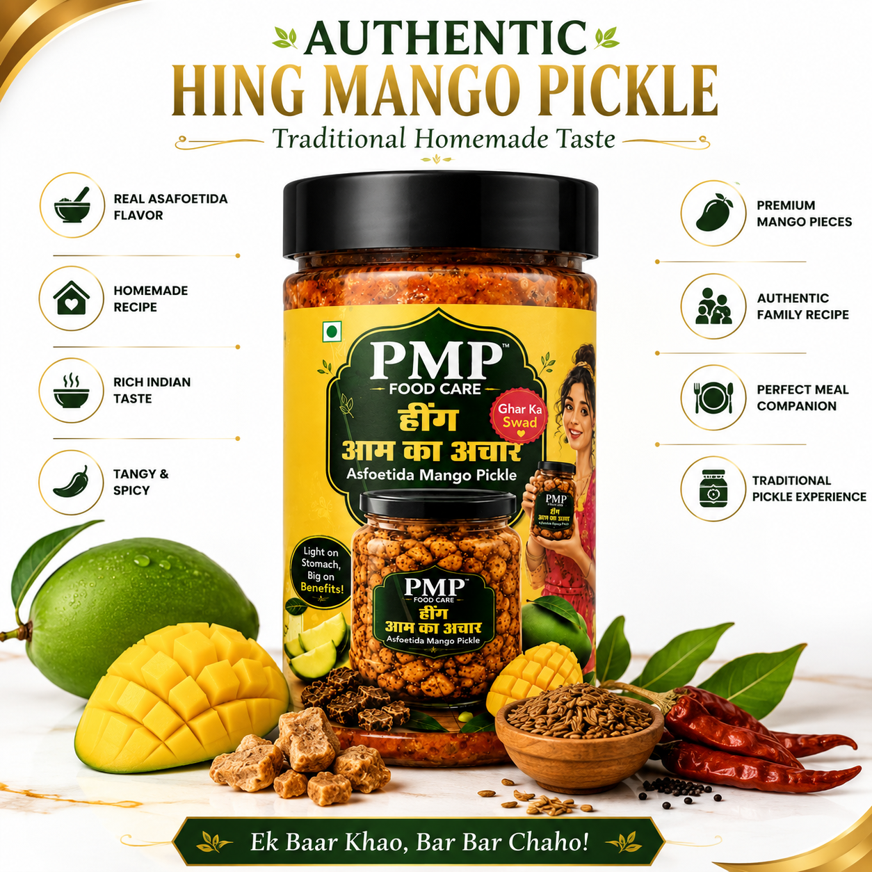 PMP FOODCARE Hing Aam Ka Achar - 100g Jar - Authentic Homemade Style Asfoetida Mango Pickle - 0% Oil & Vinegar Free Tangy Spicy Mango Pieces Pickle - Excellent Digestive Meal Companion - Image 3