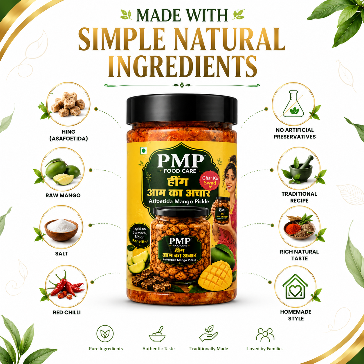 PMP FOODCARE Hing Aam Ka Achar - 100g Jar - Authentic Homemade Style Asfoetida Mango Pickle - 0% Oil & Vinegar Free Tangy Spicy Mango Pieces Pickle - Excellent Digestive Meal Companion - Image 4