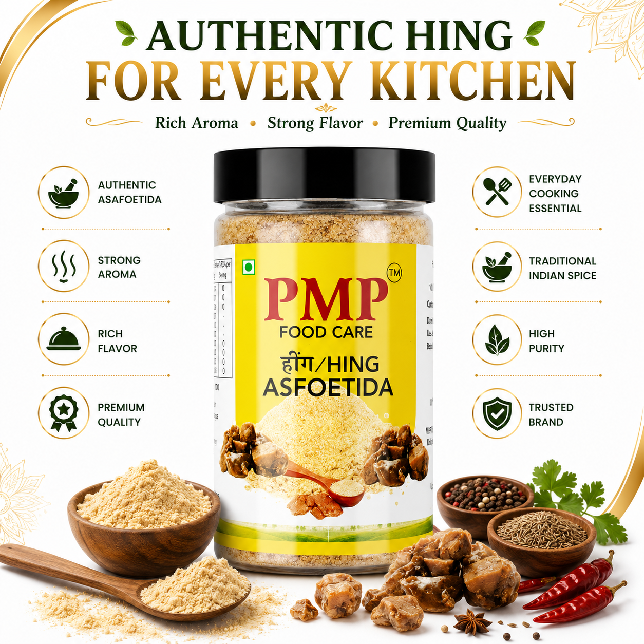 PMP FOODCARE Strong Compounded Hing Powder - 100g Jar - Premium Authentic Asafoetida Powder for Fine Indian Cooking - Aromatic Spice Powder with Natural Digestive Benefits for Perfect Tadka - Image 3