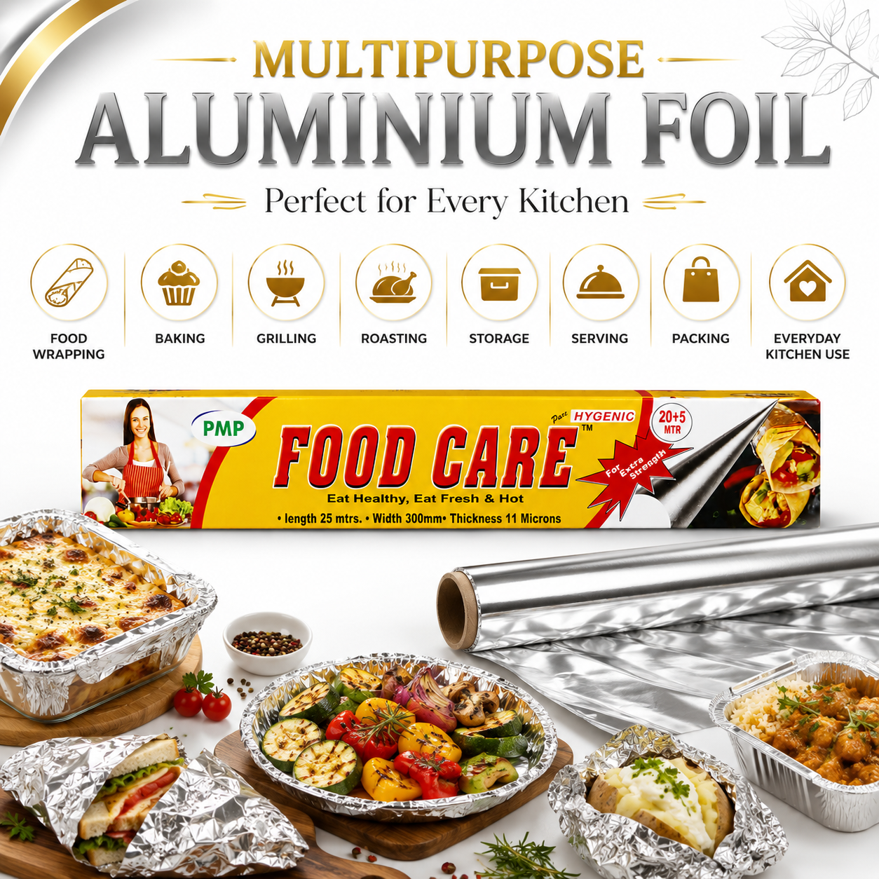 PMP Food Care Premium Aluminium Foil Roll - 20+5 Meter Extra Value Pack - 11 Microns Thickness Multipurpose Food Grade Kitchen Wrapping Foil for Cooking, Baking, Freezing, and Tiffin Packing - Image 2